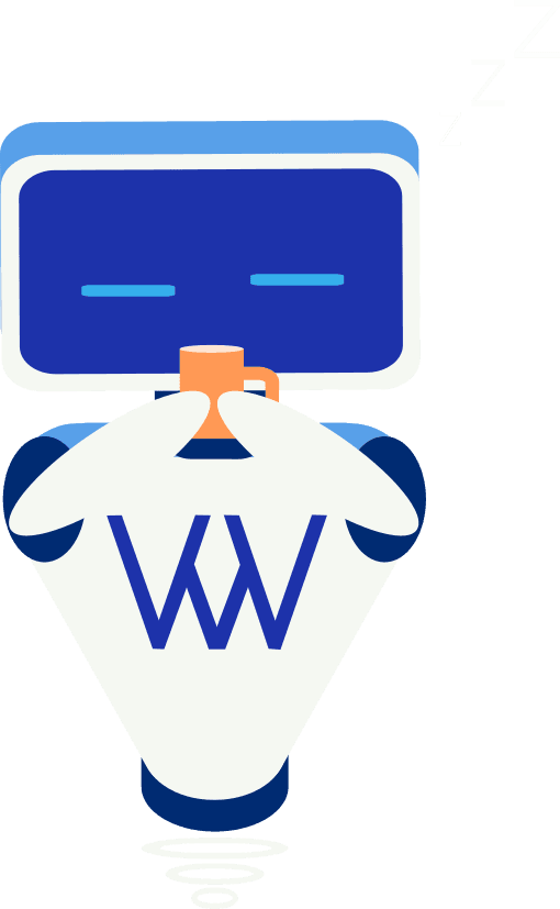 The Weblux robot slumped over a mug of coffee