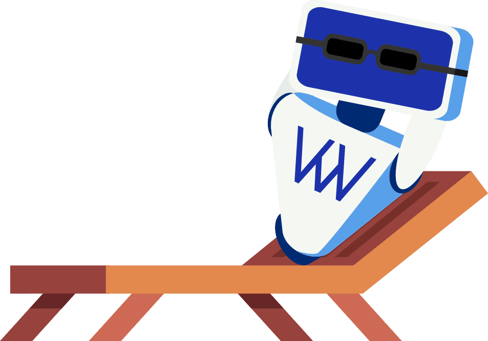 The Weblux robot in sunglasses, reclining on a lounger