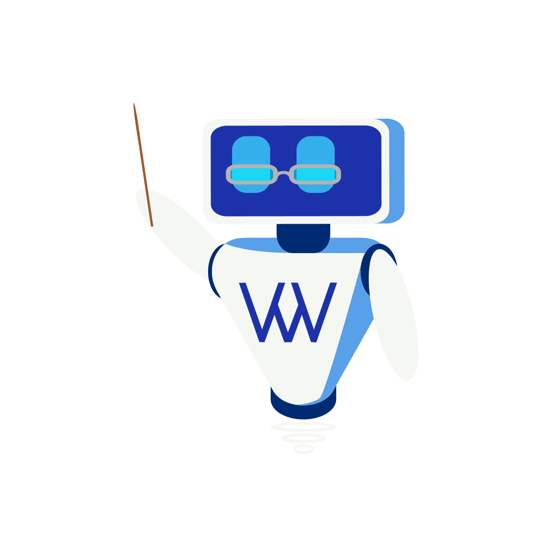 The Weblux robot wearing glasses, holding a pointer