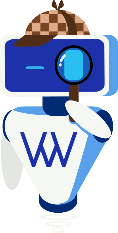 The Weblux robot in a detective hat, holding a magnifying glass